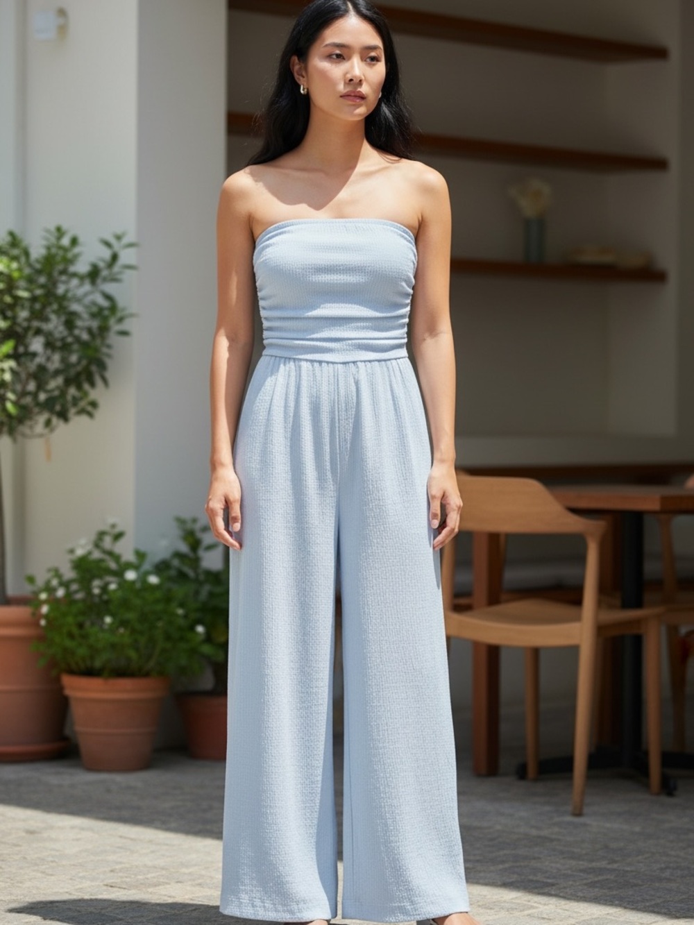 Cider Strapless Wide-Leg Jumpsuit in Pale Blue